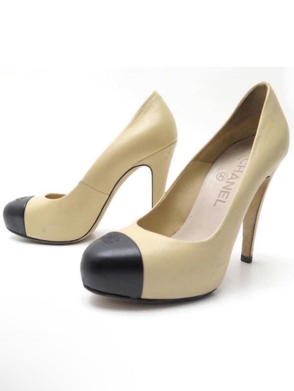 Chanel Two-Tone Leather CC Cap Toe Heels, Size 39.5